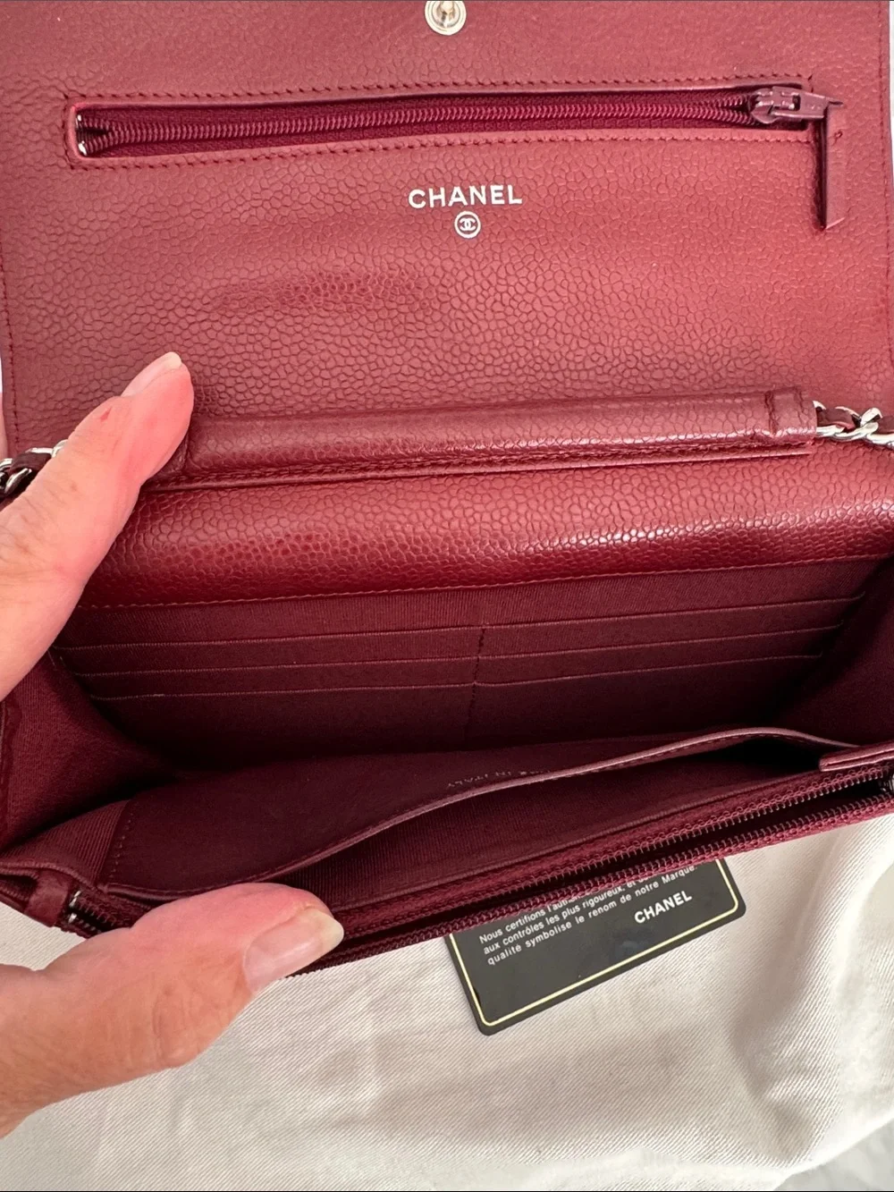 Chanel Burgundy Quilted Caviar Wallet on Chain. Burgundy. Pebbled leather.